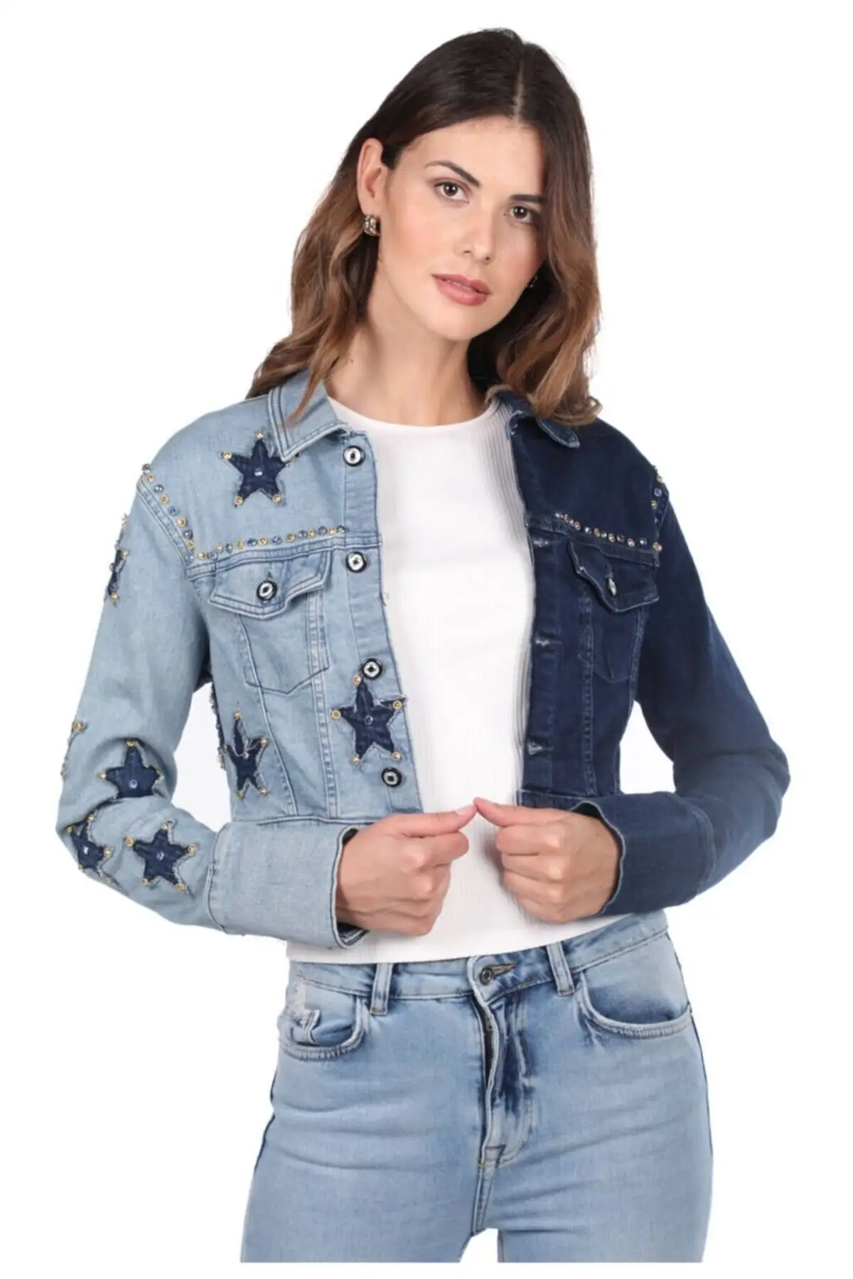 

Women's Fashion Denim Jacket Coat Blue White Star Detailed Jean Jacket