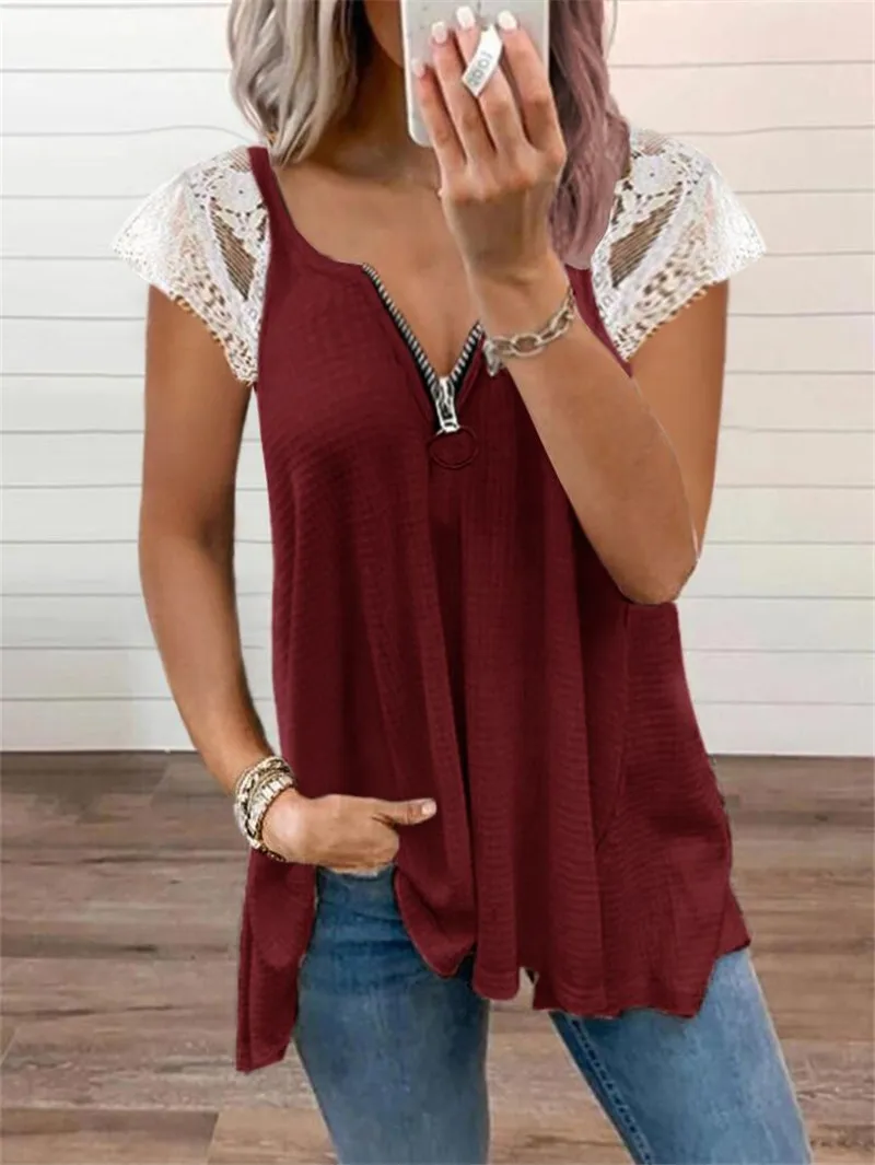 

Fashion Women Summer Casual Loose T-Shirts Mesh Patchwork Design Lace Zipper Decor V-Neck Short Sleeve Solid Color Pullovers Top