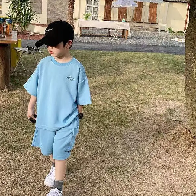 

Children's Clothing Boys' Cotton Suit 2023 Summer New Casual Loose Small and Older Children's Short Sleeve Shorts Two-Piece Set