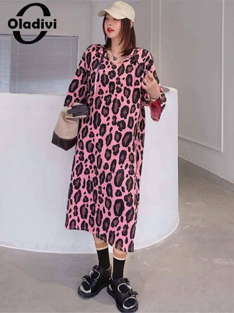 

Oladivi L-3XL Oversized Women Fashion Leopard Print Side Split Straight Dress Korean Style Ladies Casual Loose Midi Dresses 6892