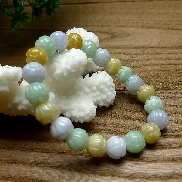 

Natural jadeite a women's tricolor fortune longevity lotus bracelet Myanmar jade bracelet