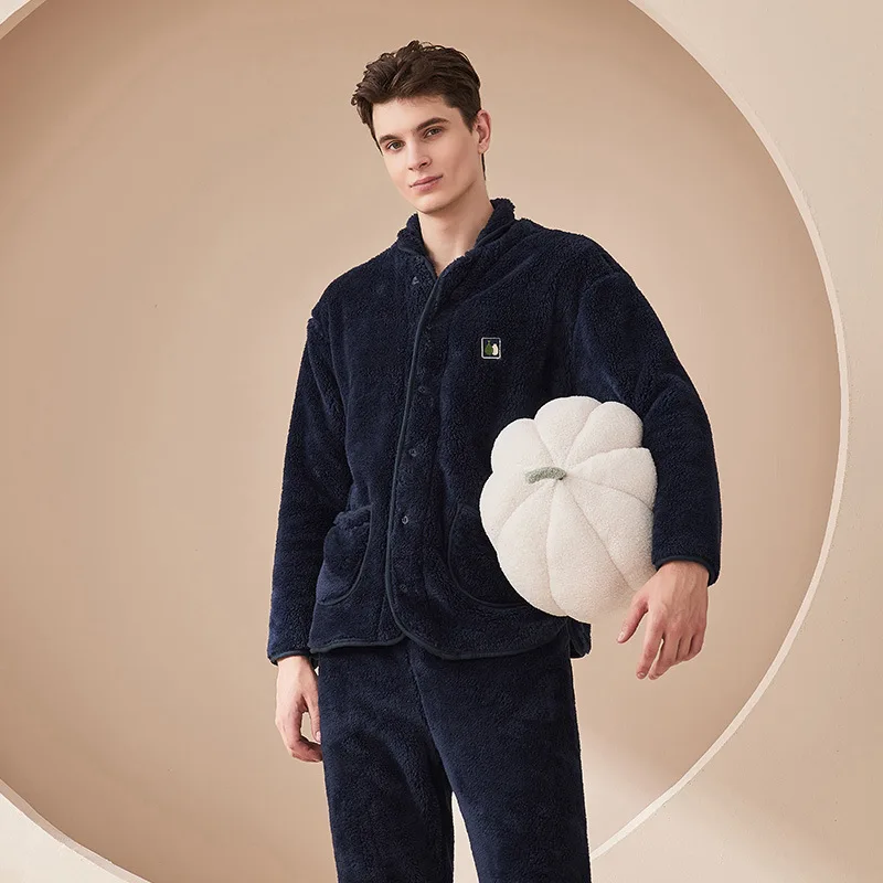 Winter Warm Velvet Lovers Thickened Housewear Sleepwear Suit Simple Casual Warm Cardigan Coral Velvet Pajamas Couple Clothing