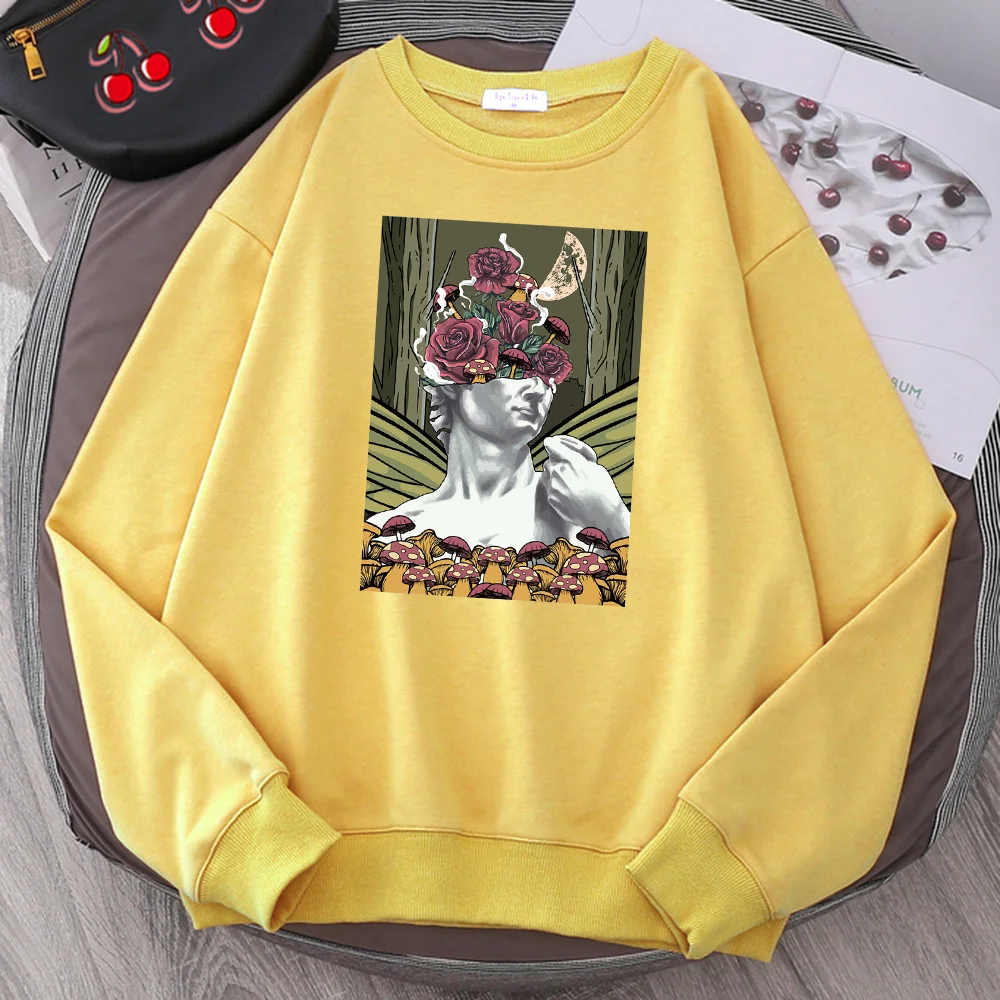 

Fairycore Aesthetic Statue Creative Rose Mushroom Hoodie Men Harajuku Sweatshirt Fashion Crewneck Pullover Loose Fleece Hoody