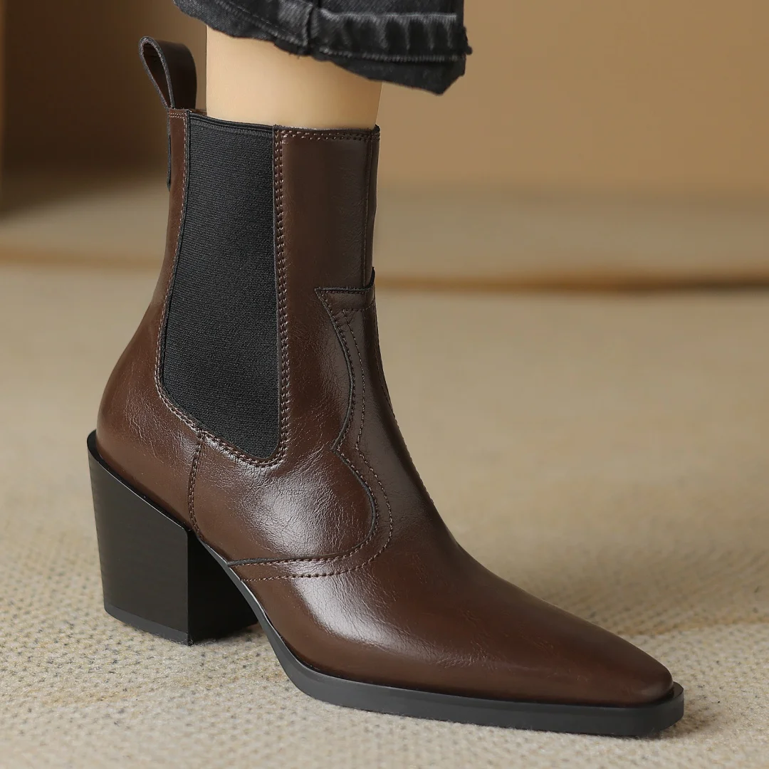 Женские эластичные ботинки челси из натуральной кожи на толстом высоком каблуке