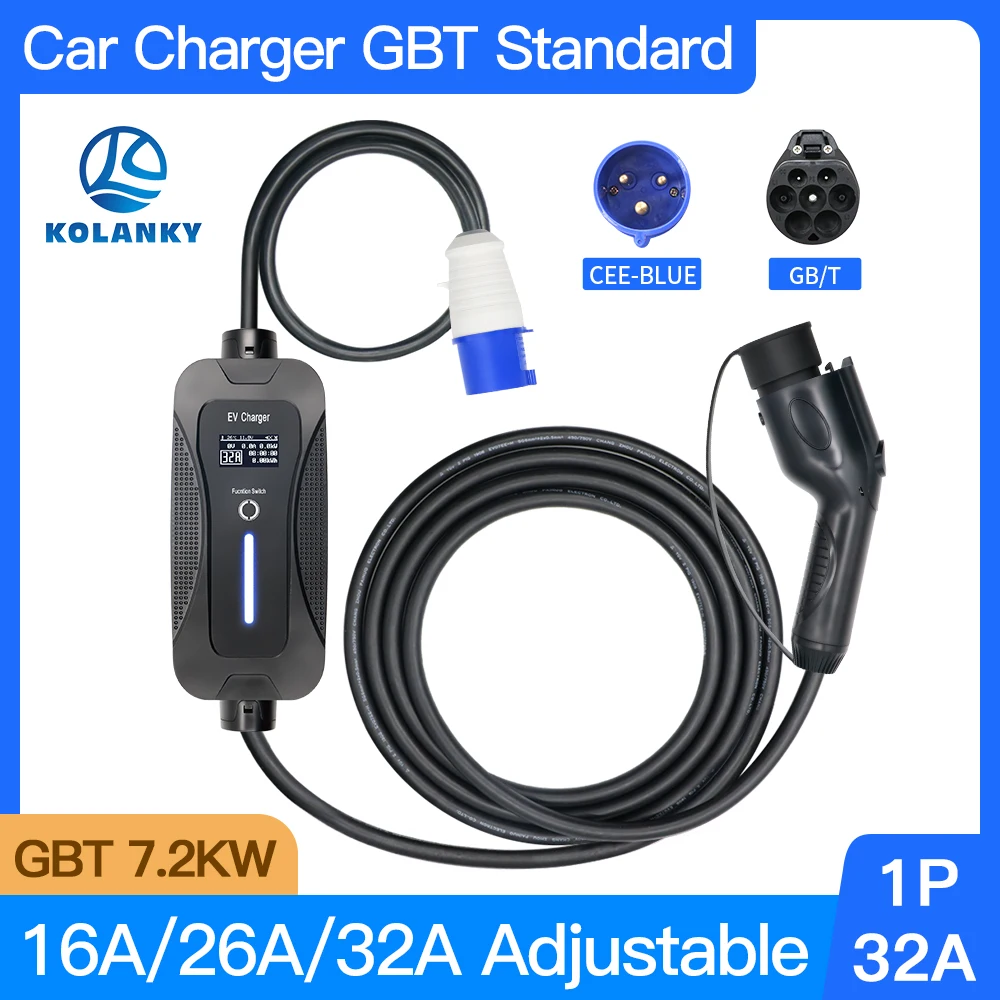EV Car Charger GBT Plug 32A 7.2KW 5m Cable Single Phase EVSE Charging Electric Vehicle Charger Schuko Plug GBT Standard