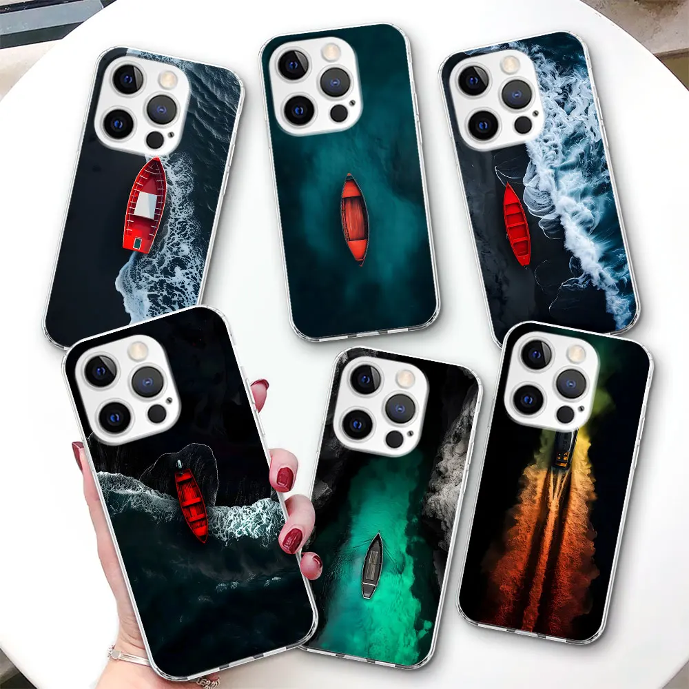 Фото Прозрачный чехол для iPhone 17 Air 14 12 15 Pro 7 8 Plus 13 Mini XR X 6 XS Max 6S, TPU-накладка с дизайном «Глубоководный корабль» и «Белые паруса» №1
