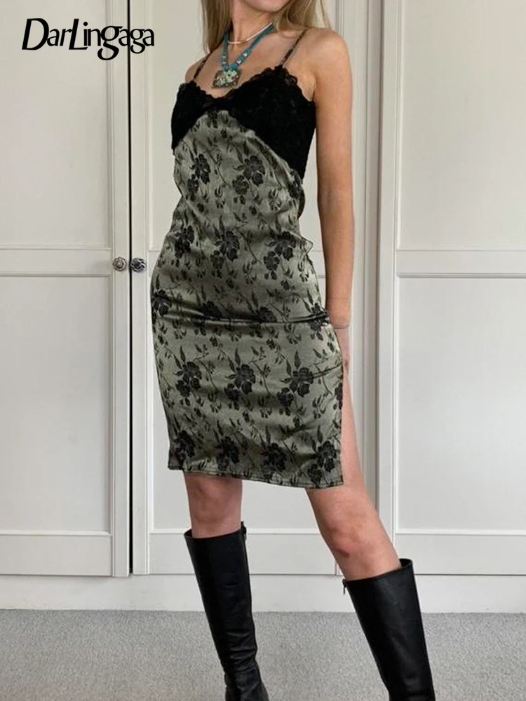 

Darlingaga V Neck Chic Grunge Fairycore Floral Print Sexy Mini Dress Women Retro Fashion Lace Trim Club Party Summer Dresses Y2K