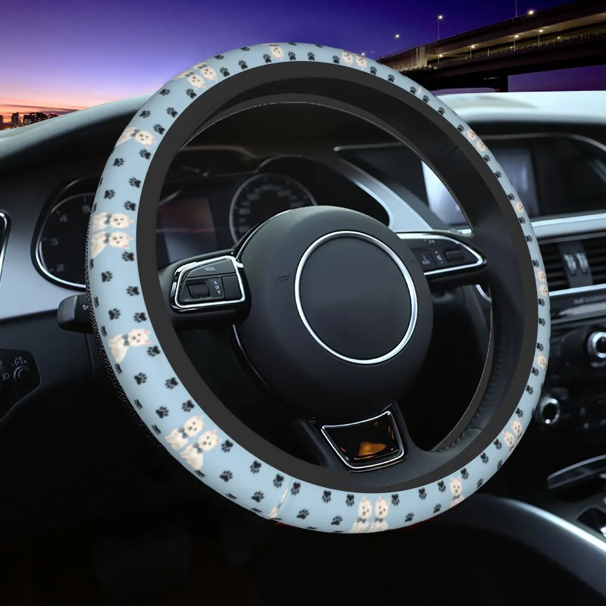 

Cute West Highland White Terrier Dog Paw Auto Car Steering Wheel Cover Westie Puppy Universal Steering Wheel Protector for SUV