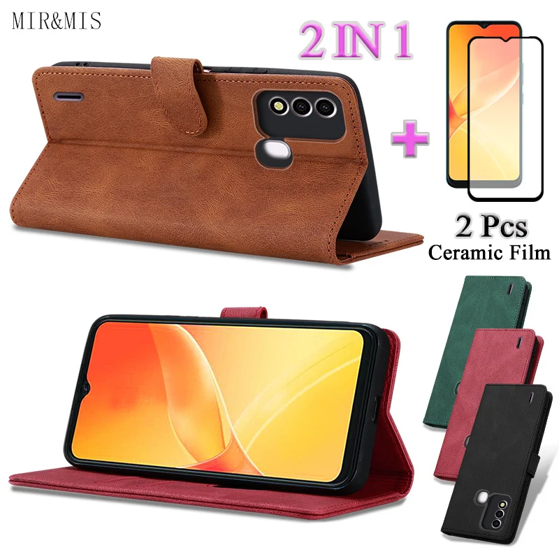 

For ITEL P37 Vision 2S 2 IN 1 Solid Color Flip Cover Simple Leather Phone Case With Two Piece Curved Ceramic Screen