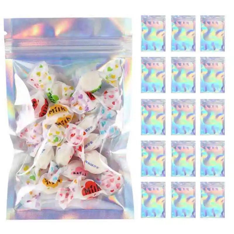 

150 Pcs Mylar Zipper Closure Bags Aluminum Foil Food Storage Bags Holographic Rainbow Color Mylar Bags Resealable Pouch