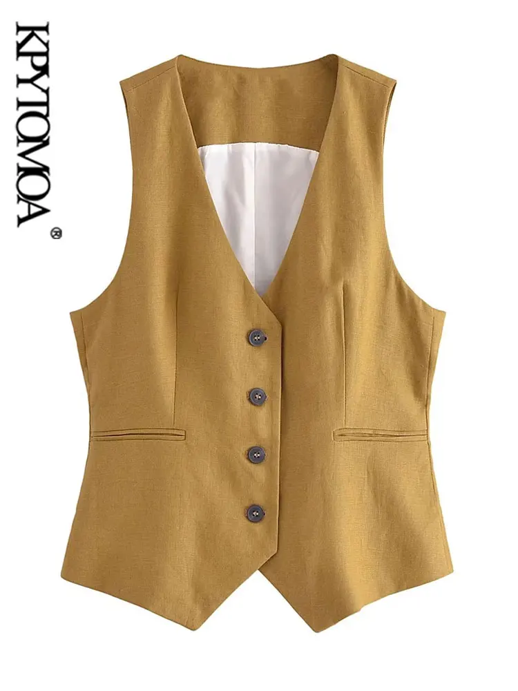 

KPYTOMOA Women Fashion Front Button Fitted Linen Waistcoat Vintage V Neck Sleeveless Female Outerwear Chic Vest Tops