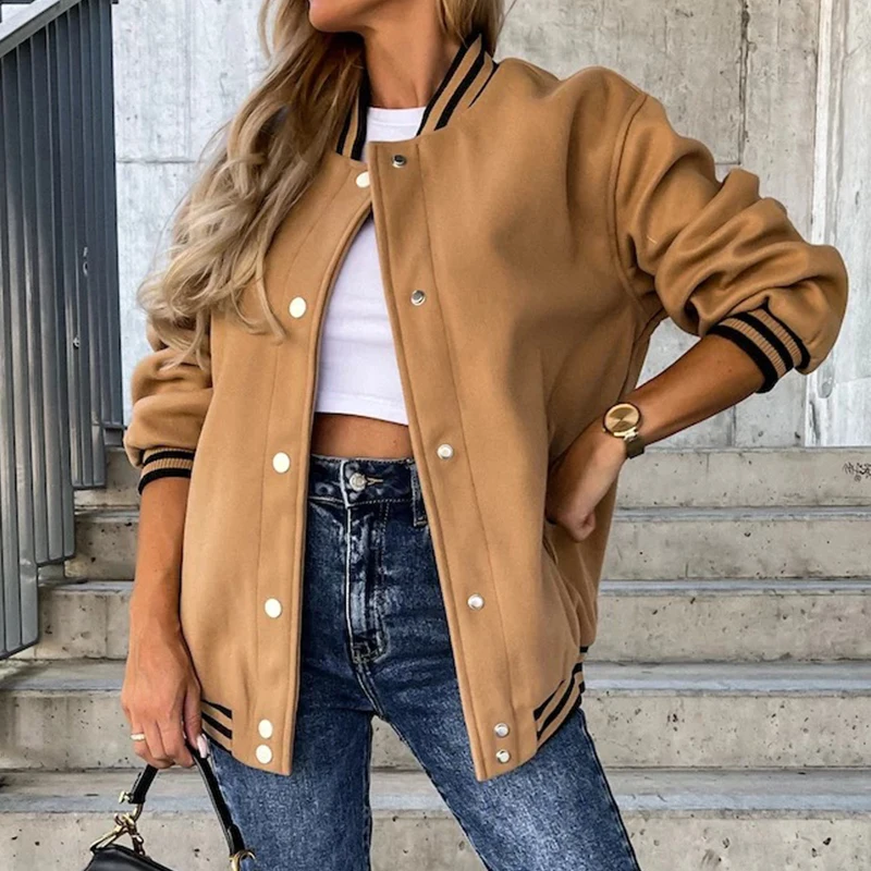 

Ladies Casual Long Sleeve Pocket Baseball Jacket Women Fashion O Neck Single Breasted Wool Coat Elegant Solid Color Loose Jacket