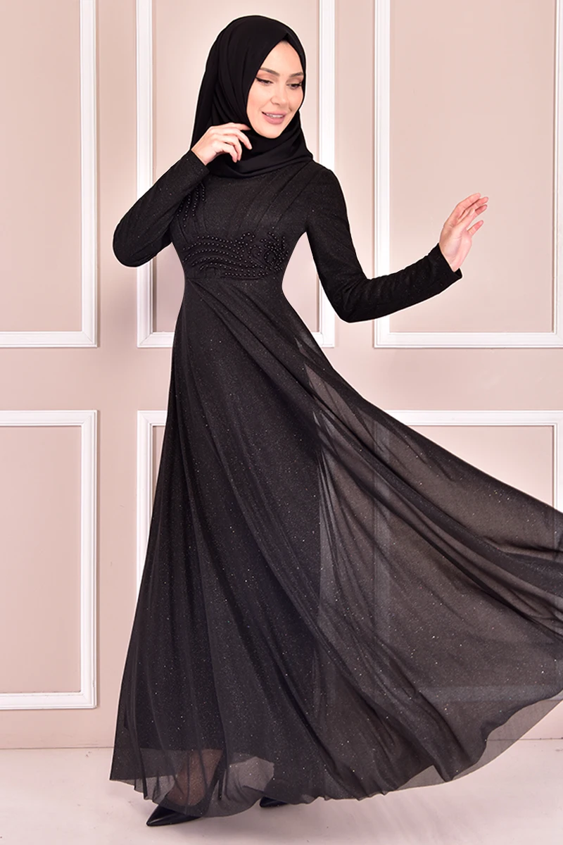Серебристое платье с жемчужинами, черное Элегантное Длинное Платье для клуба, мусульманские модные женские платья с длинным рукавом, повсе...