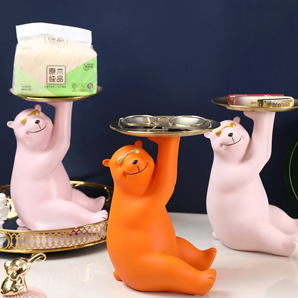 

Nordic Style Polar Bear Statue Sculpture Key Storage Tray Resin Ornaments Glass Snack Holder Home Entrance Desktop Decoration