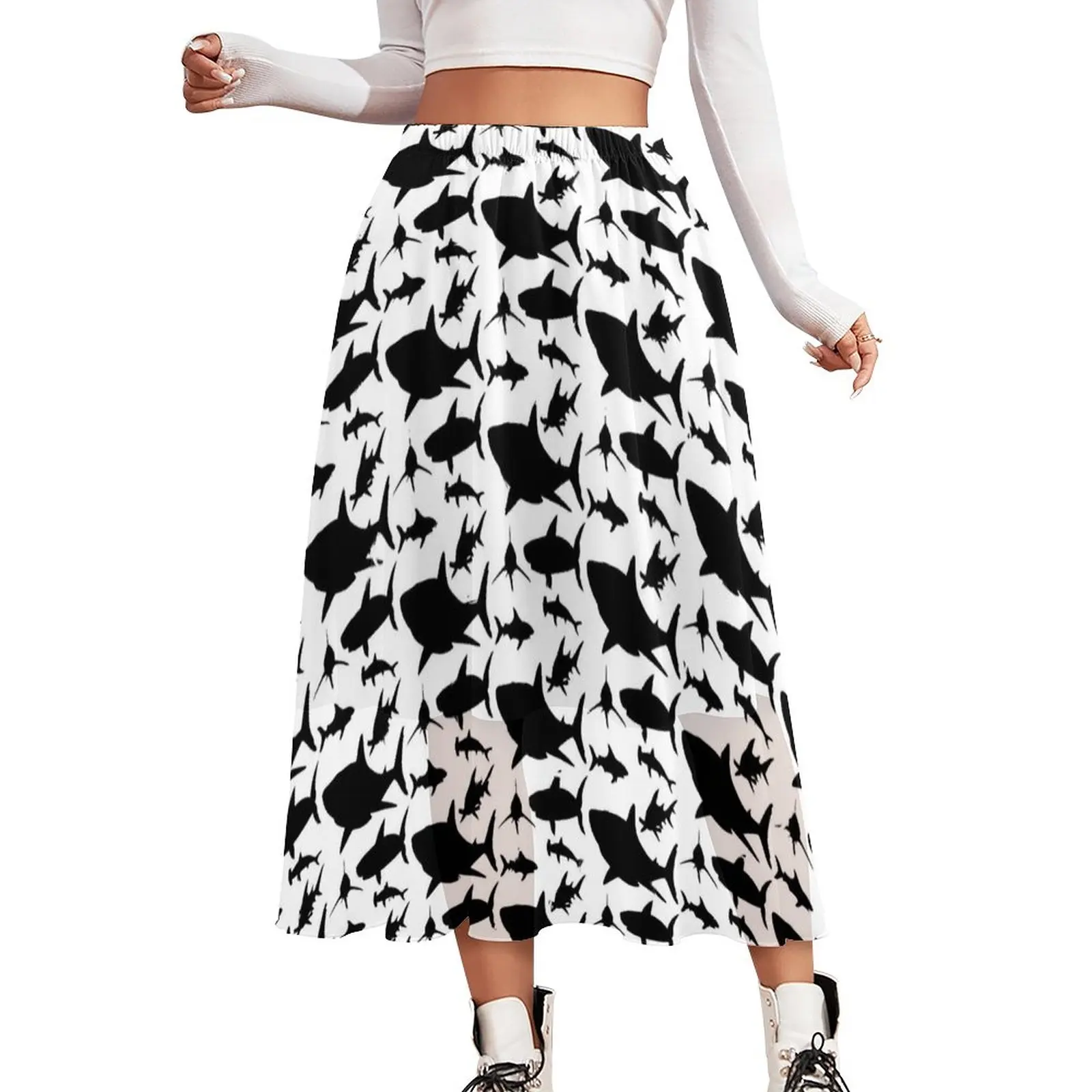 

Shark Silhouette Skirt Women Funny Animal Elegant Boho Skirts Custom Elastic Waist Street Fashion A-line Skirt Big Size