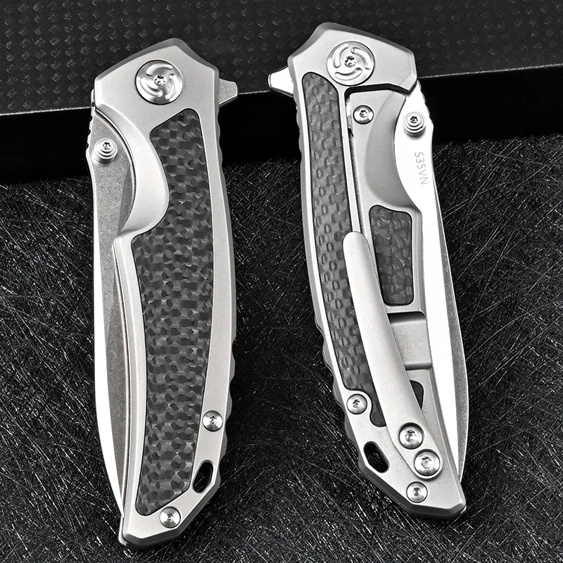 New Titanium Alloy Carbon Fiber Knife Handle S35vn Steel Folding Knife Outdoor Camping Security Pocket Portable Military Knives enlarge