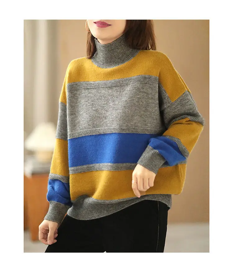 

2022 Autumn Winter Women's Turtleneck Sweater Striped Loose Sweater Pullover Korean Fashion Warm Ladies Top Knitwear C142