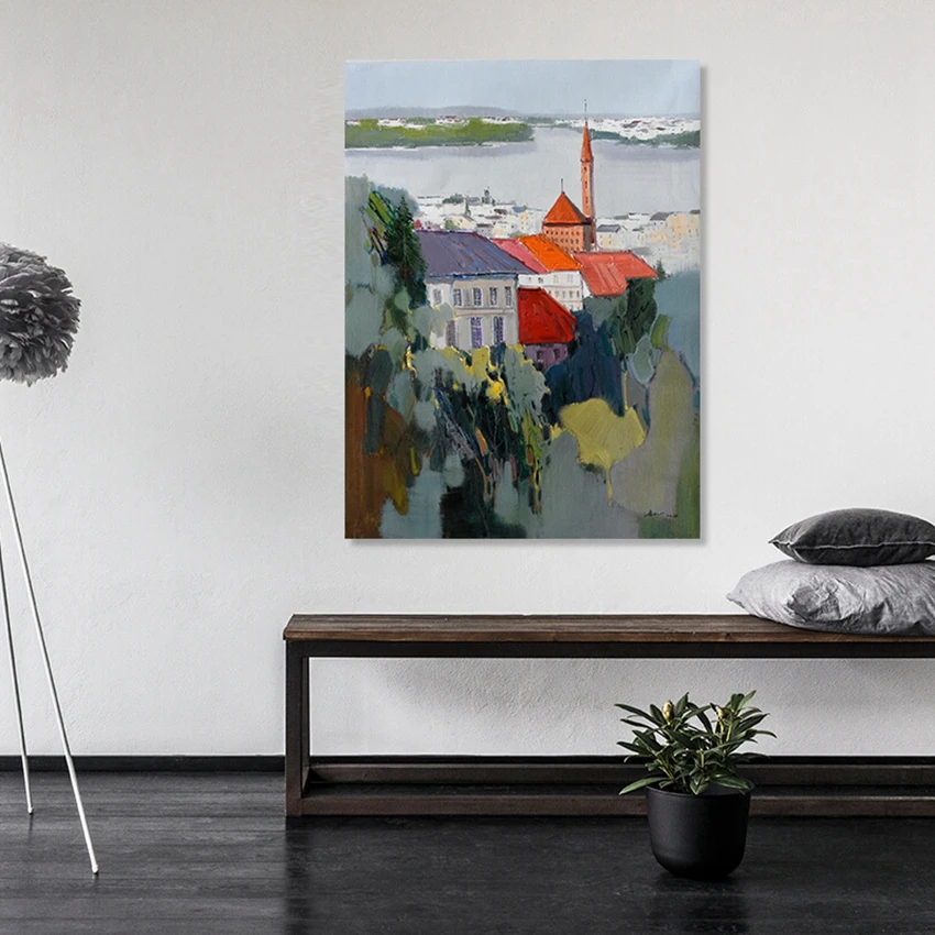 

Handmade Wall Art Picture On Canvas Riverside Building Landscape Oil Painting For Living Room Christmas Home Decor No Framed