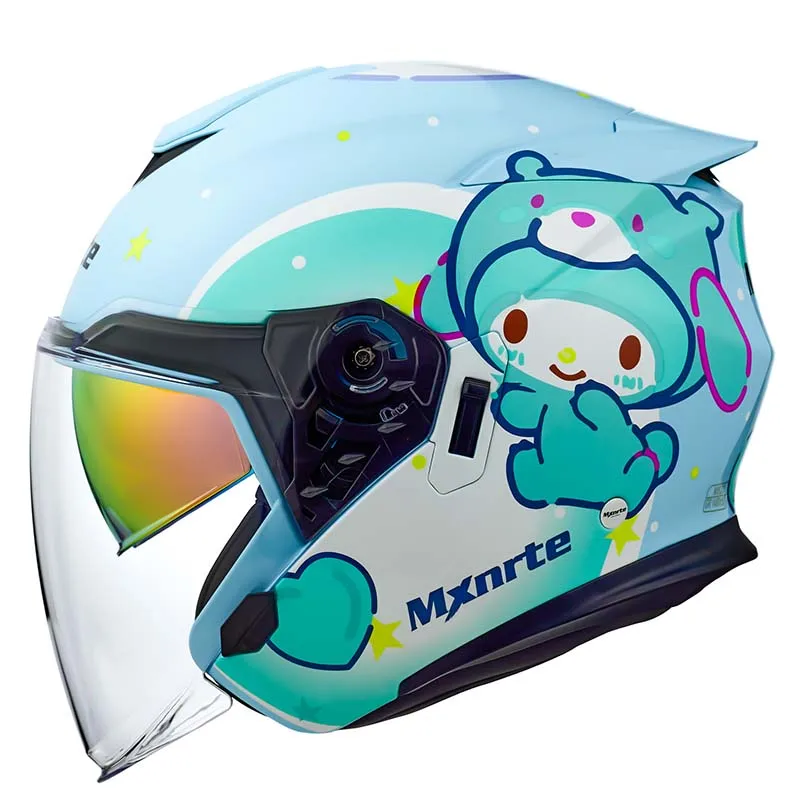 DOT Approved Mxnrte Lovely Blue Rabbit Helmet Men and Women Double Lens Half Motorcycle Off-Road Safety Casque