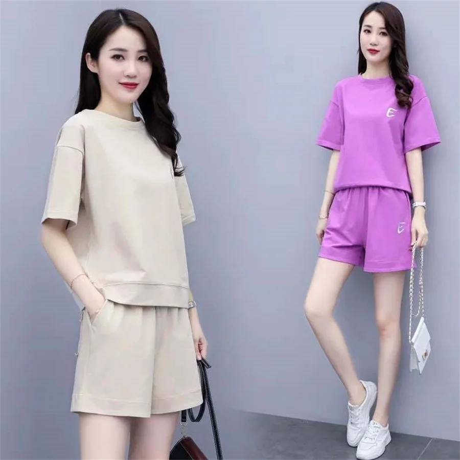 Спортивный костюм женский из 2 предметов футболка и шорты для бега весна-лето 5 0