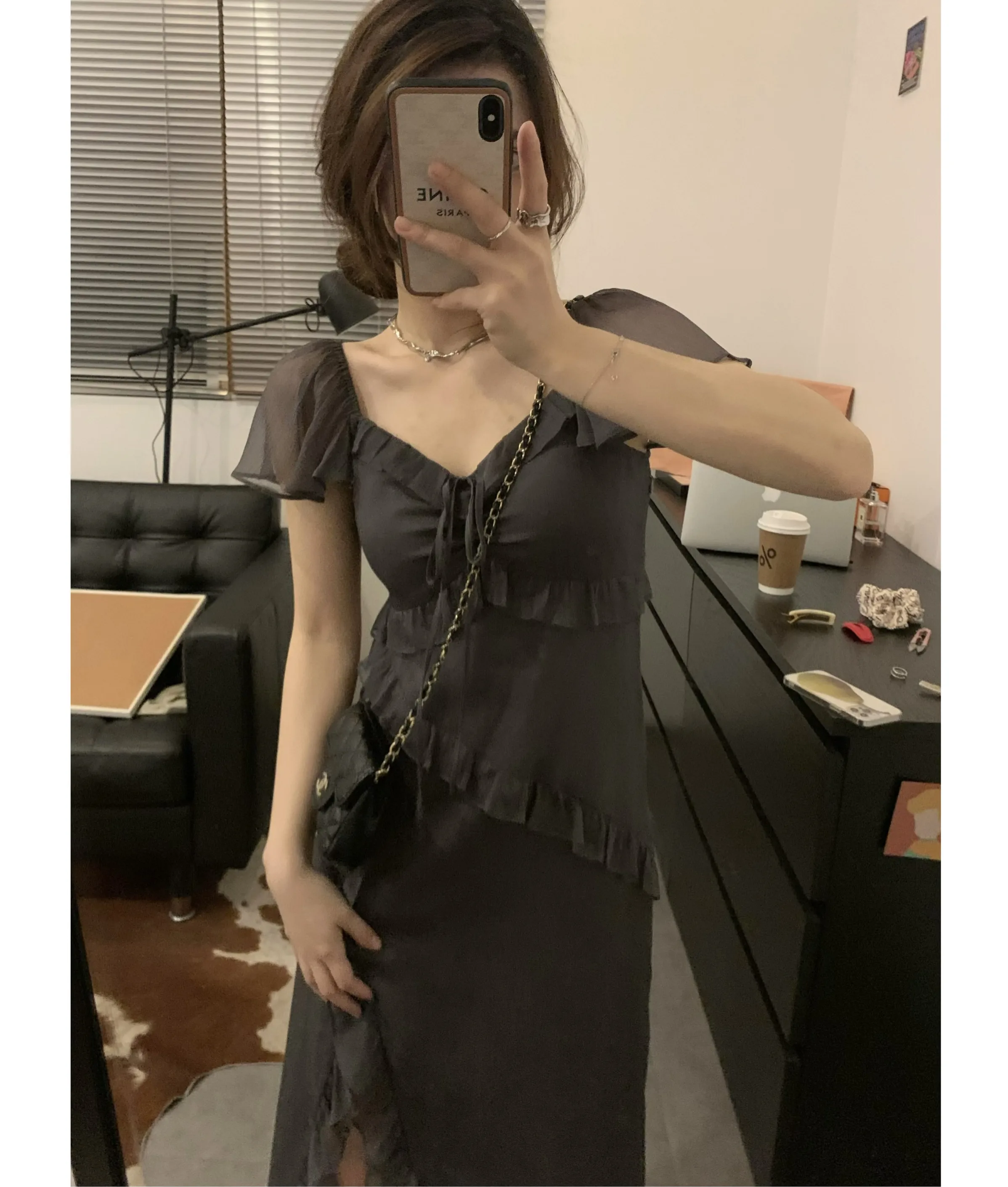 

Viiwen cool temperament heavy industrial ear edge design feeling thin split square neck dress long skirt