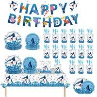 ocean shark theme birthday party tableware set disposable flatware set paper plates cups happy brithday banner 118pcs set