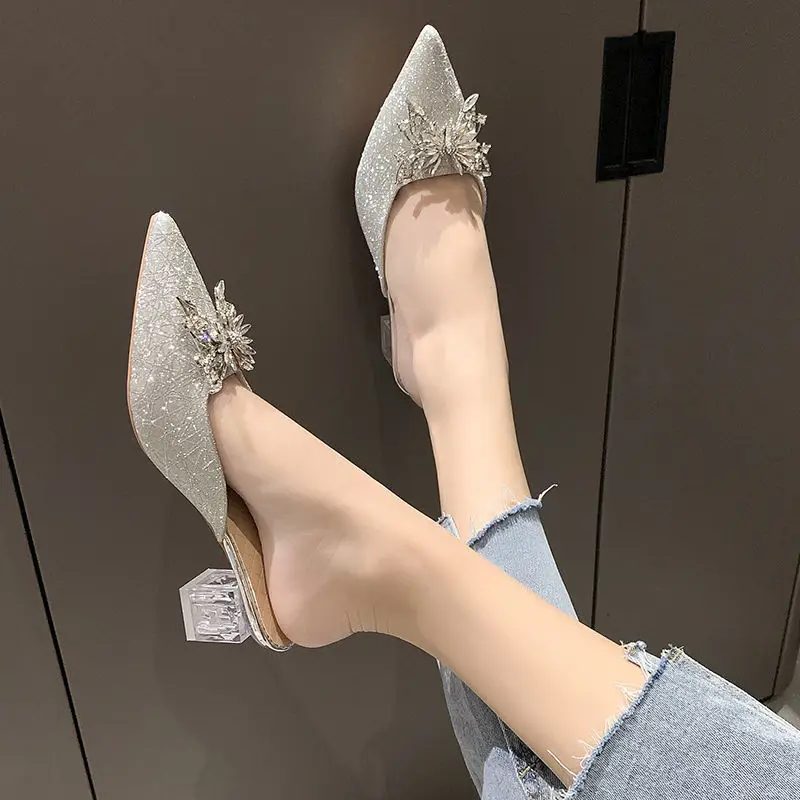 

Pointed Toe Designer Women Sandals Rhinestone High Heels Bow Thick Heel Baotou Sandals and Slippers Heels Women 2022 Summer New