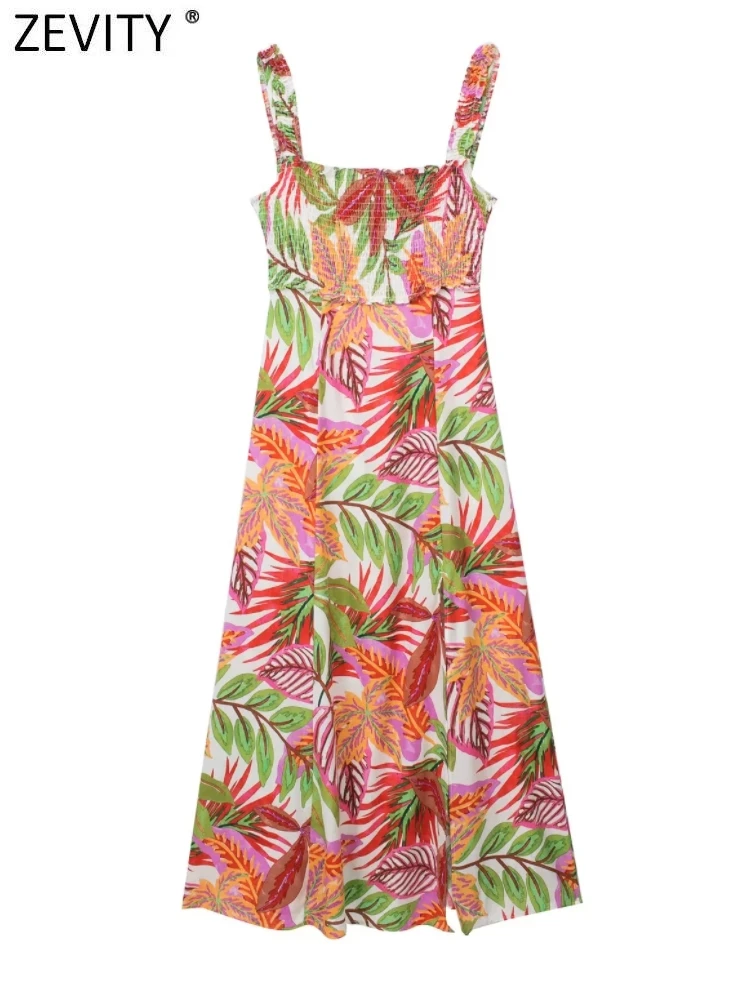 

Zevity Women Fashion Tropical Leaves Print Elastic Ruffles Sling Midi Dress Femme Chic Side Zipper Split Beach Vestidos DS4387