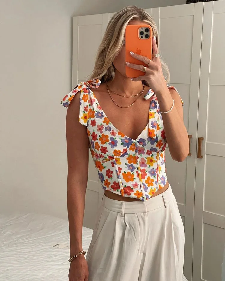 

Flower Print Tie-Up Strap Backless Camisoles Women's Sexy V-neck Sleeveless Back Zipper Crop Tops Y2K Girls Summer Vests