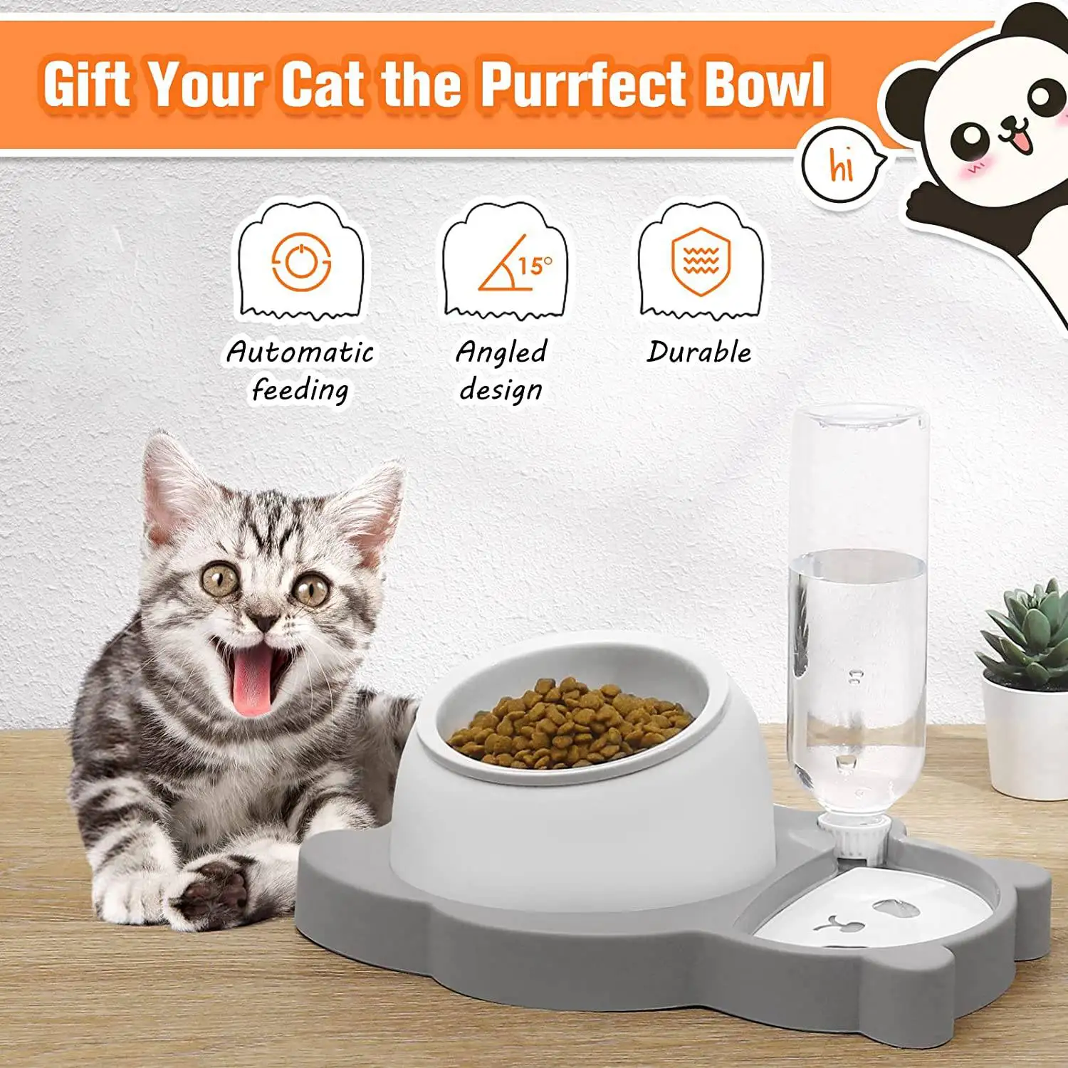 Dog Bowls, Tilted Food and Water Bowl Set, Raised Ceramic Bowl with Automatic Water Dispenser Grey images - 6