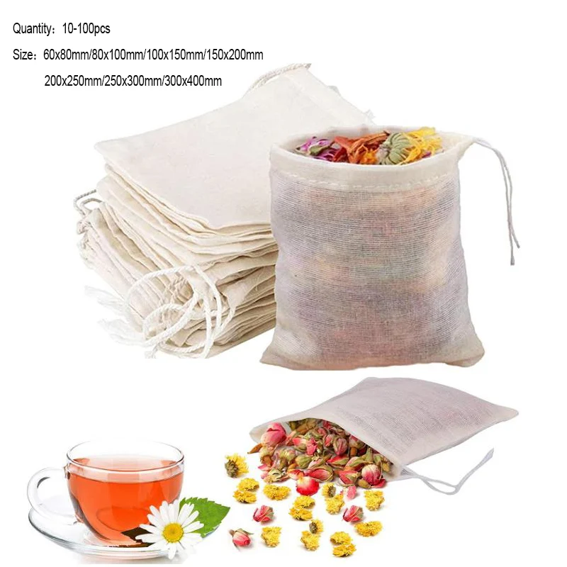 Cotton Cloth Bag Reusable Locking Spice Strainer Mesh Filter Chinese Medicine Herbal Ball Cooking Tools Colander Soup Tea Bag