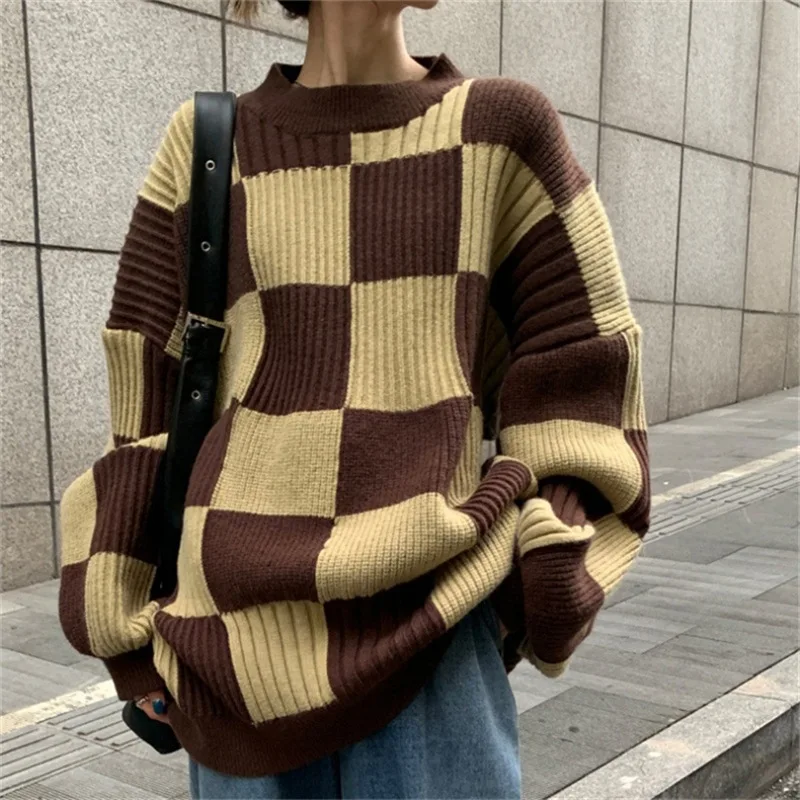 Винтажный свободный клетчатый свитер в шахматную клетку джемпер женский топ на