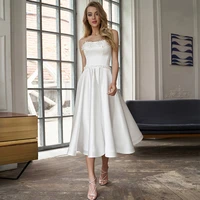 sexy white strapless short wedding dress womens sleeveless tea lenght satin lace backless bridal gowns with belt custom color