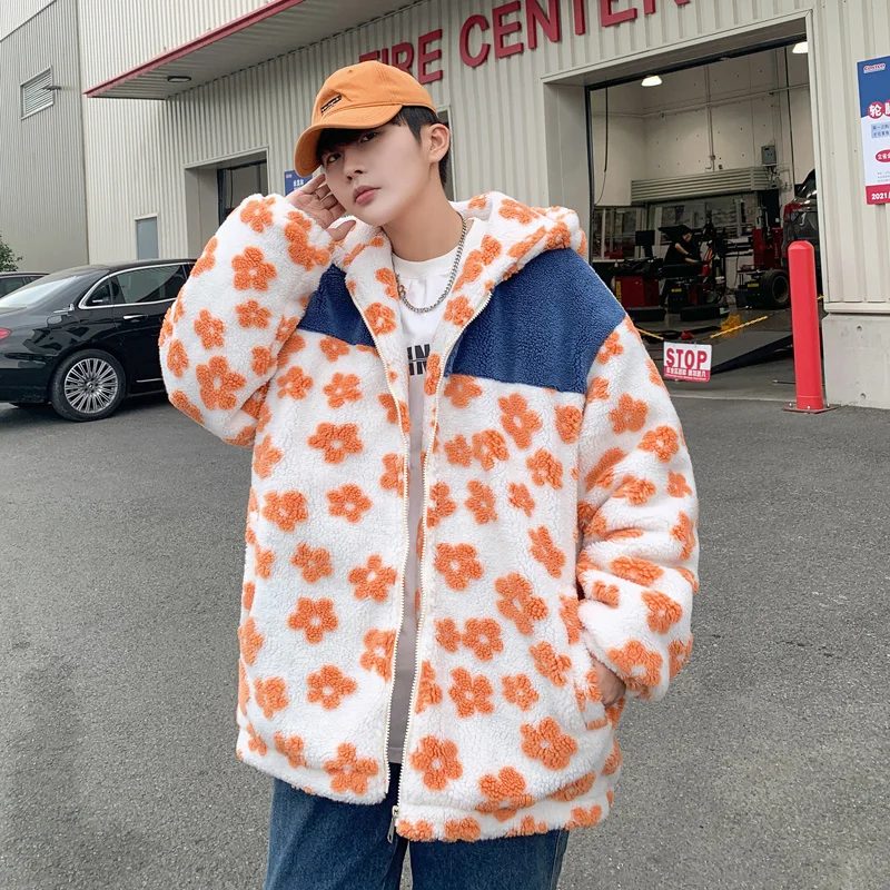 Winter Jacket Men Warm Fashion Casual Thickened Lamb Wool Jacket Men Streetwear Loose Short Coat Mens Thick Flowers Jackets Coat