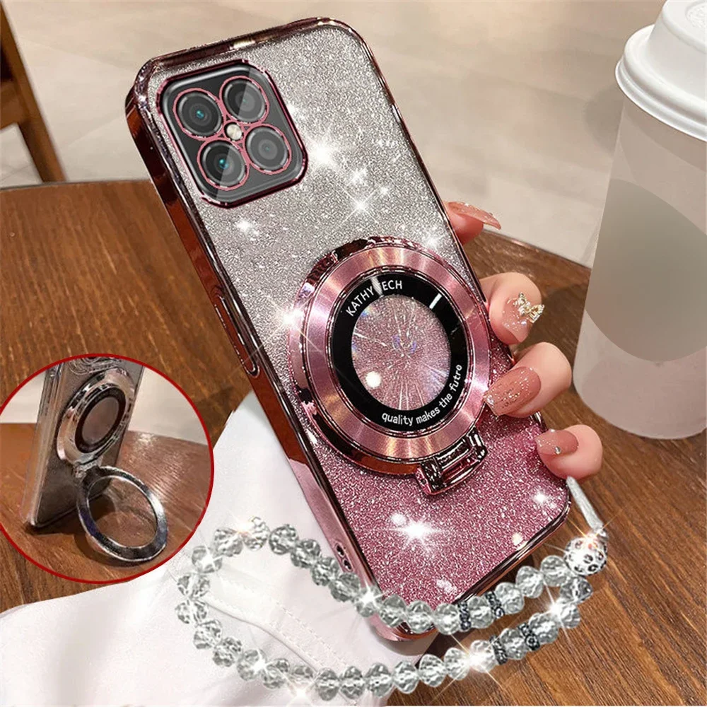 Glitter Crystal Bracelet Phone Holder Case For Xiaomi Poco X6 Pro X3 NFC X5 F6 M6 C65 F3 F4 Stand Bracket Silicone Cover