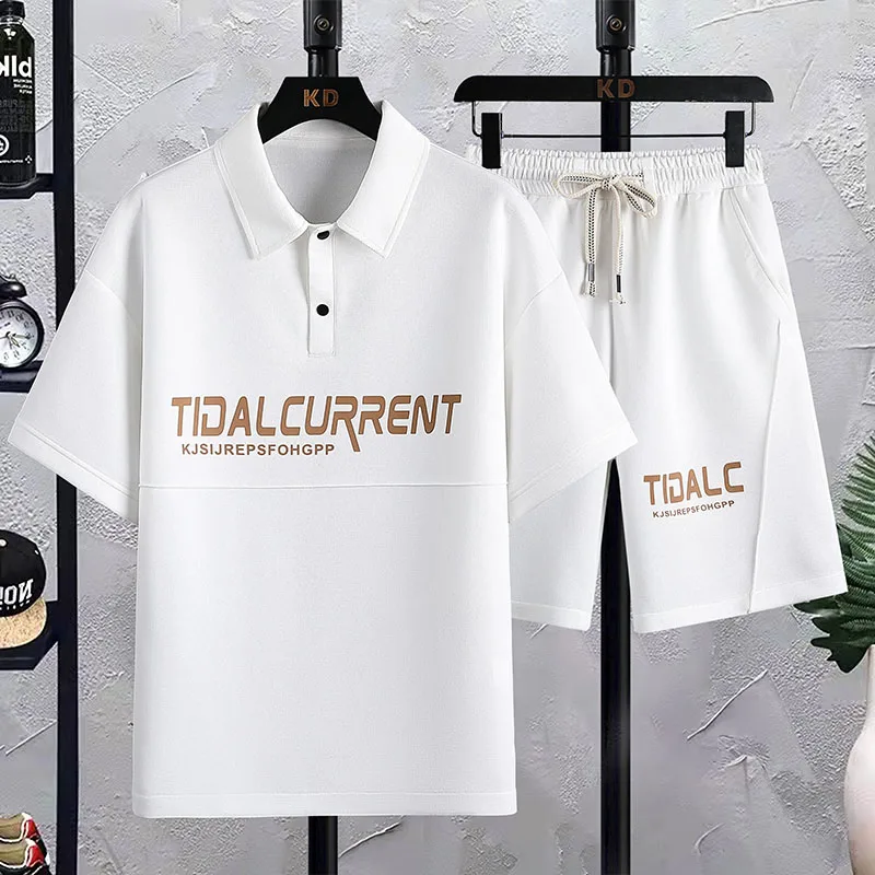 Waffle Short-Sleeved T-shirt Men's 2023 Summer Fashion Brand Loose Shorts Set Polo Casual Sportswear Suit