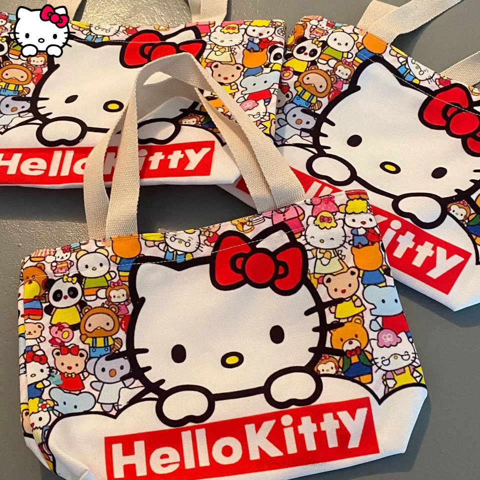 

Sanrio New Women Canvas Bag Cartoon Hello Kitty Cat Portable Shoulder Bag Kawaii Japanese Portable Cute Small Tote Shopping Bag