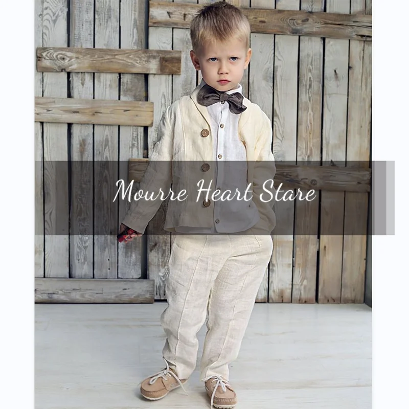 Summer Linen Boys Suit 2 Pieces Shawl Collar Single Breasted (Jacket + Pants) Blazer Outfit Set Casual Party Children's Costume