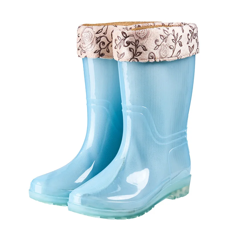 Flat Platform Mid-Calf Rain Boots for Women Fashion Jelly Color Waterproof PVC Water Shoes Winter Transparent Warm Rain Shoes