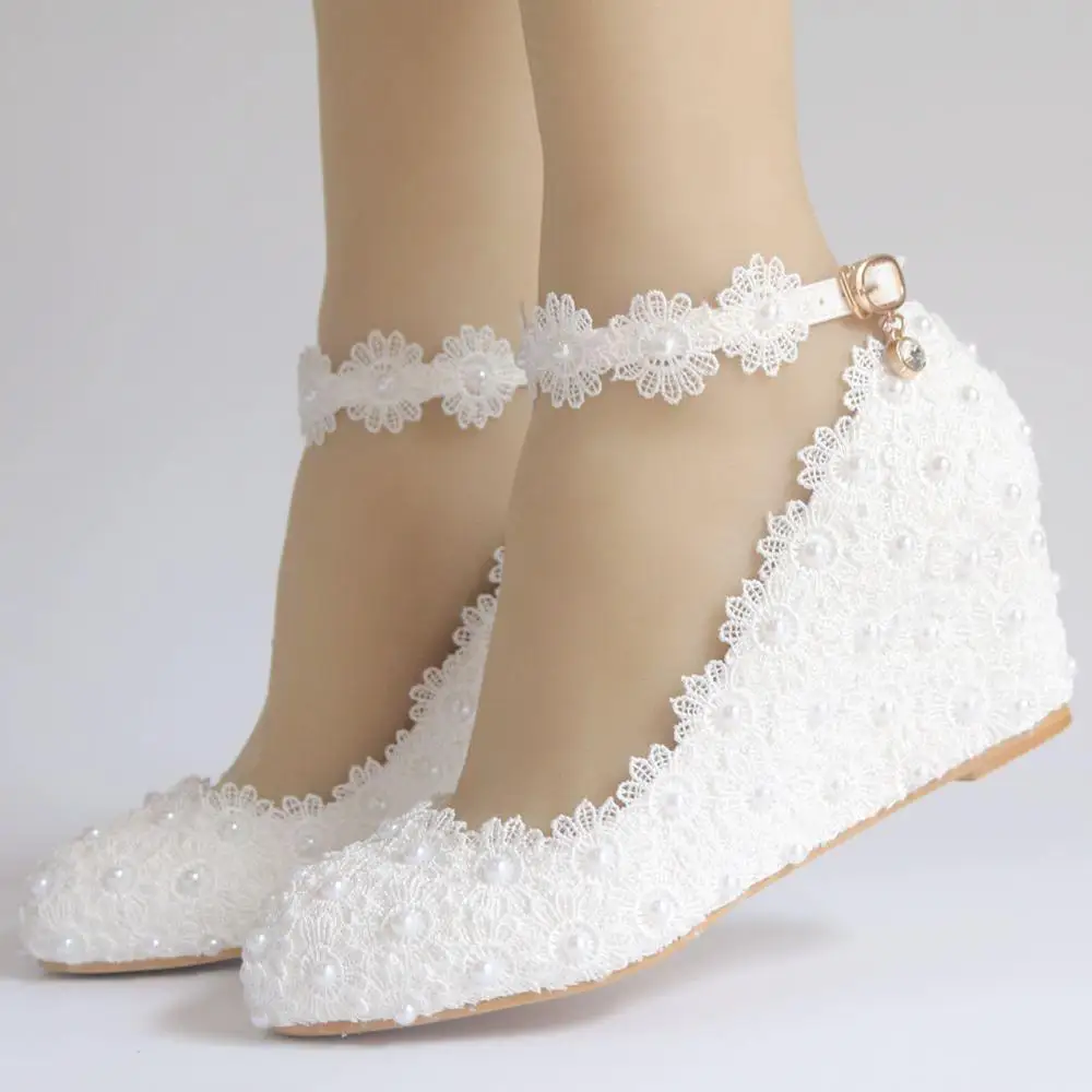 

White Flower Wedding Shoes Lace Pearl High Heels Sweet Bride Dress Shoes Beading Wedges Shoes 5CM Women Pumps