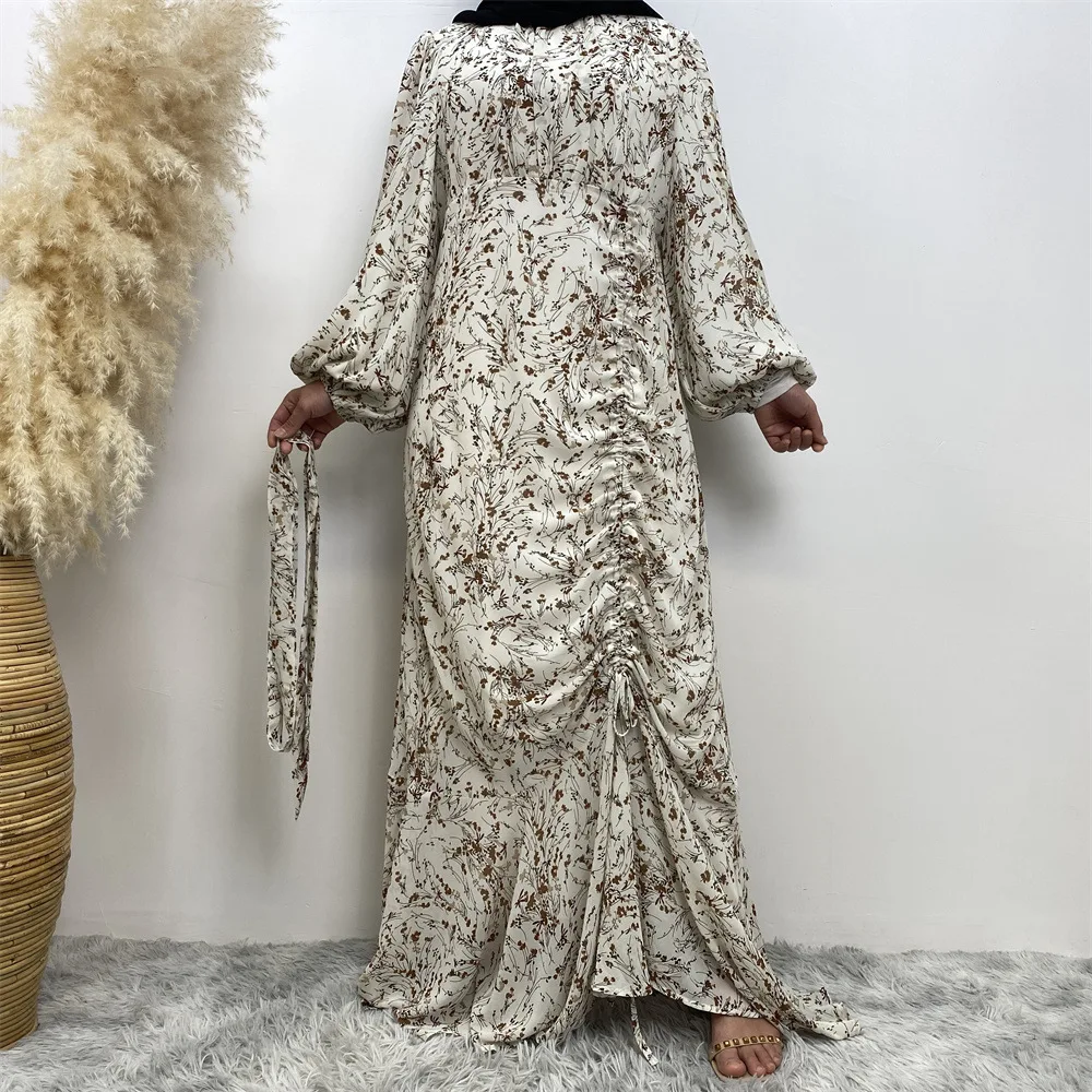 2023 Summer Fashion Elegant Muslim Floral Dress Round Neck Drawstring Print Long Sleeve Holiday Dress Robe Elegante Femme Kaftan