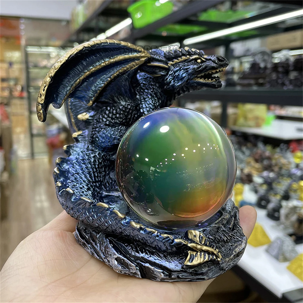 

C36 Giant Dragon Guardian Perched on Crystal Ball Figurine Retro Crafts Crystal Ball Display Stand Office Desktop Ornament