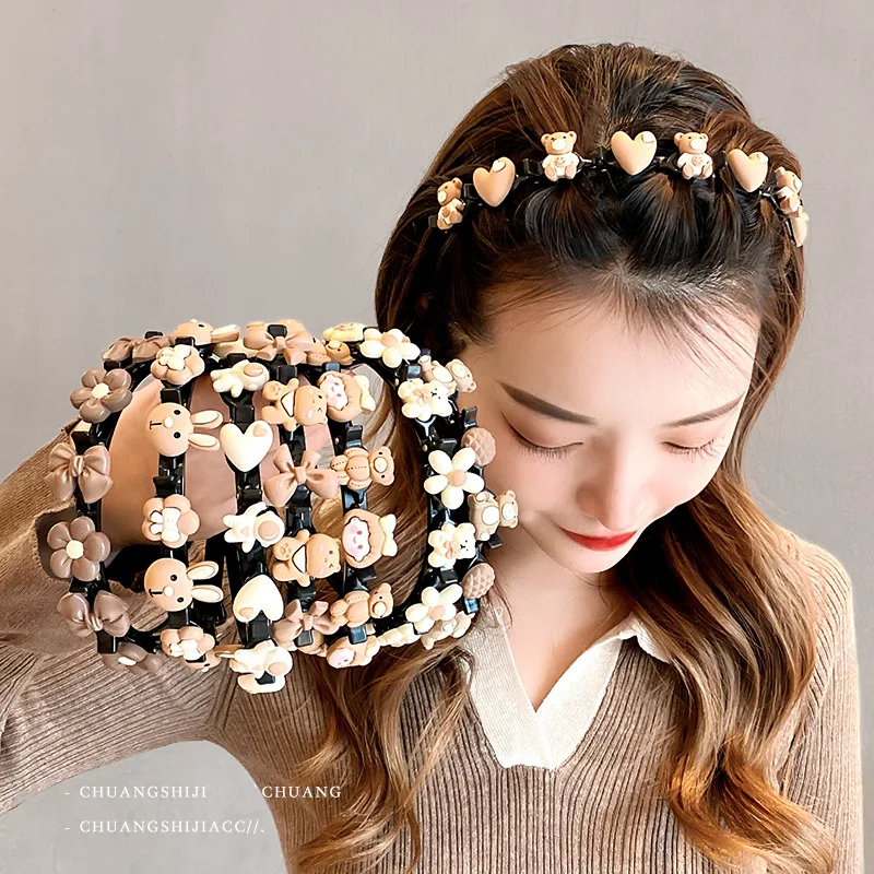 

Milk Coffee Color Braided Hairband Children Girl Forehead Broken Hair Finishing Hairpin Cartoon Bear Cute Hairhoop Accessories