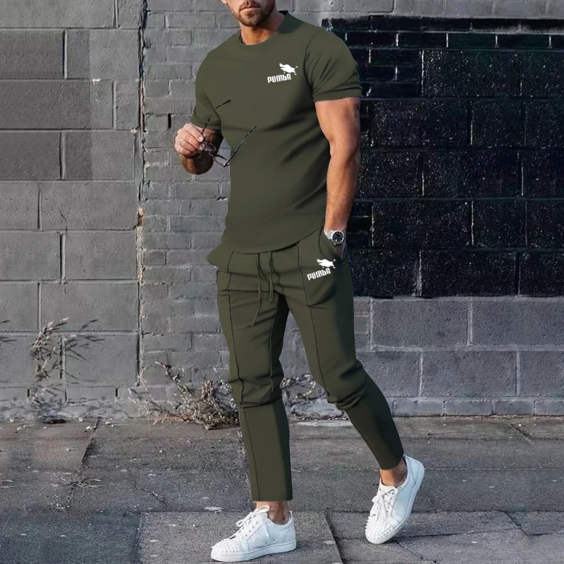 2023 New Youth Casual Round Neck Printed Short Sleeve + Sports Straight Trousers High Quality Suit