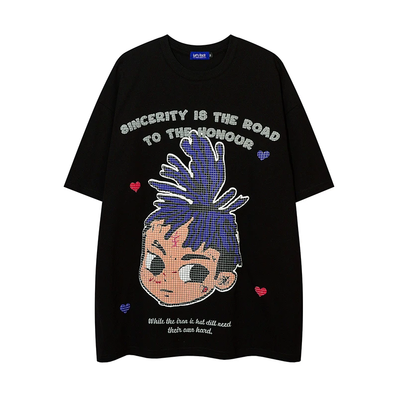 

Harajuku Retro Anime Boy Casual Short Sleeve T Shirt for Men and Women High Street Oversized Summer Tees Loose Cotton O Neck Top
