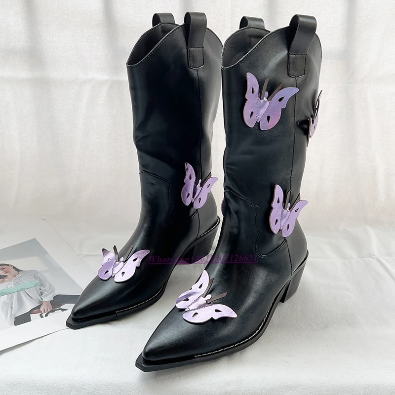 Autumn Fashion Women's Shoes 3D Butterfly Thick Heel Mid-Boots Pointed Toe Sleeve Ankle Boots