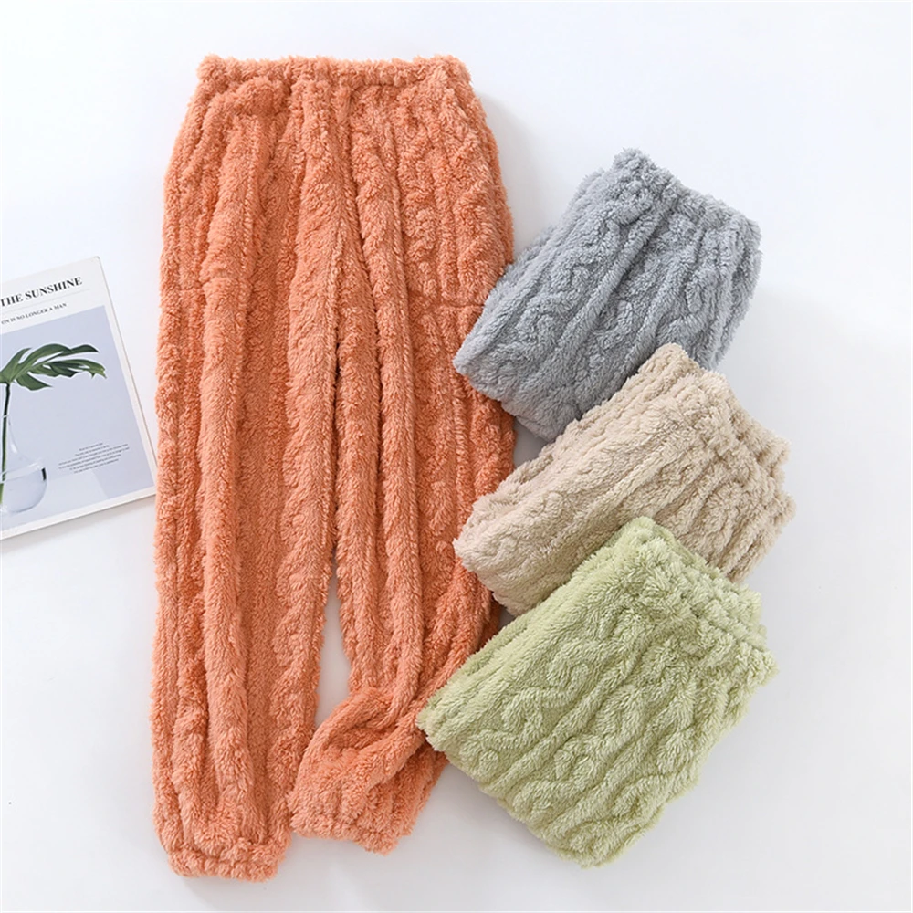

Women's Flannel Pajama Pants Autumn And Winter Padded Thick Coral Fleece Warm Long Trousers Loose Home Sleepwear With Pocket