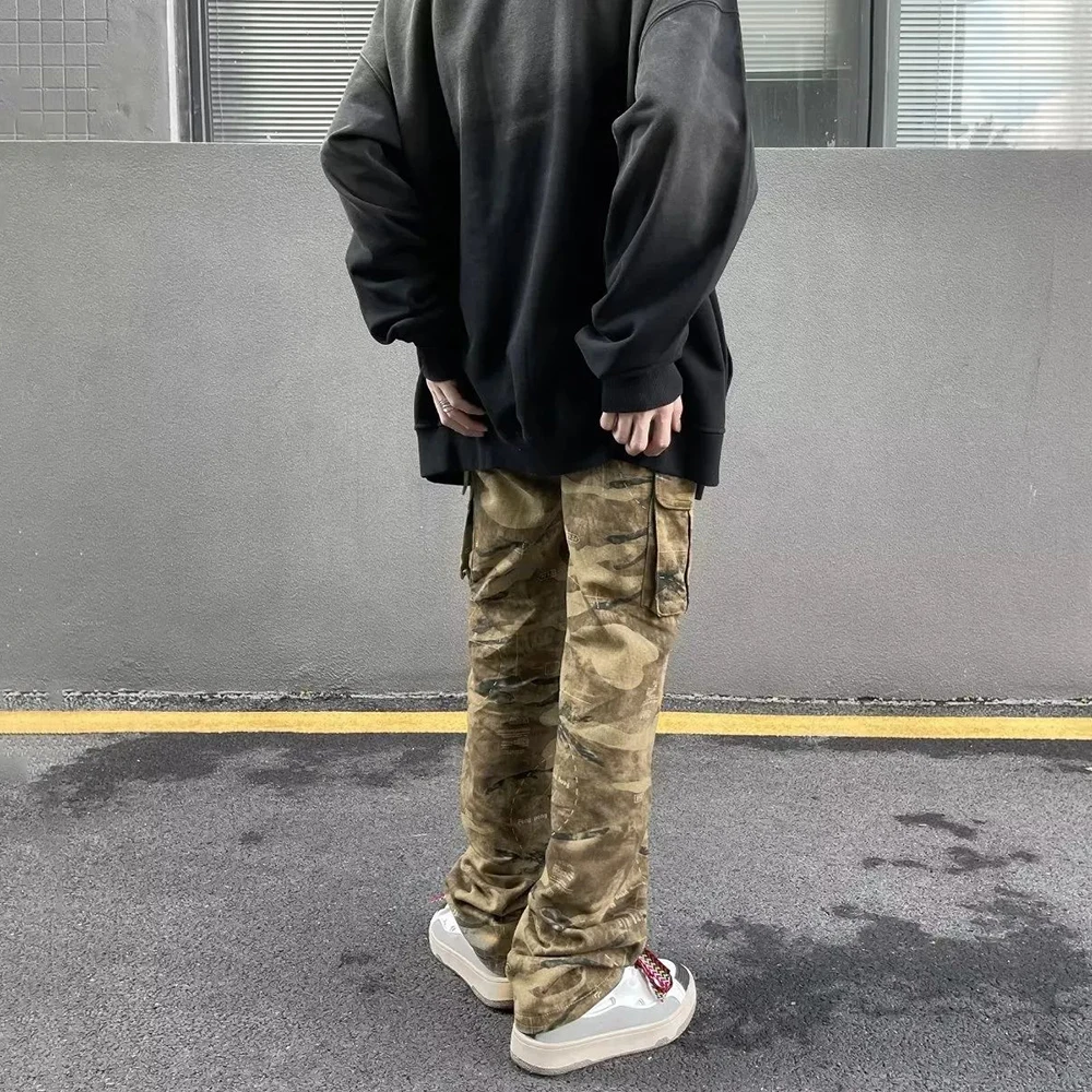 American Retro Street Camouflage Denim Trousers 2023 Trendy Brand Men's Old Washed Straight Jeans Niche Design Hiphop Overalls