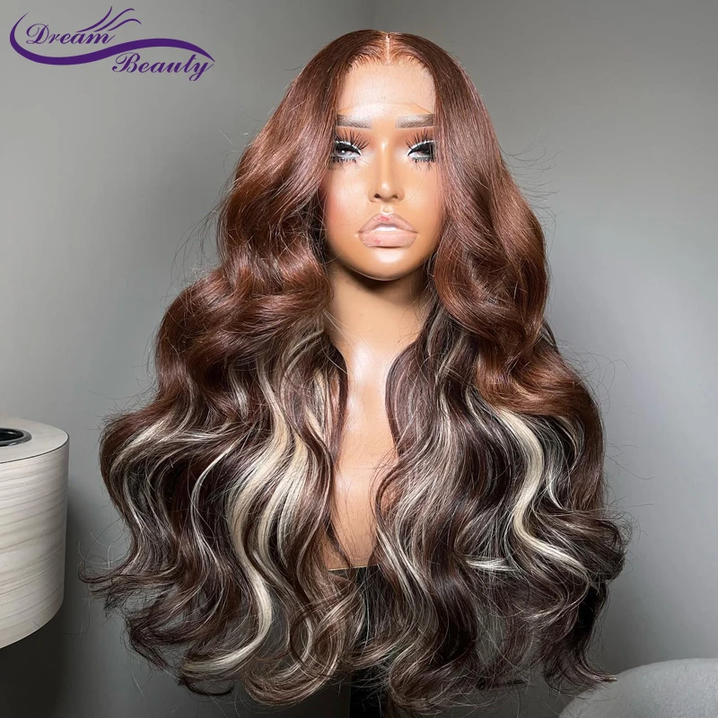 Brown Blonde Highlight 13x4 Lace Front Human Hair Wigs Brazilian 180% Wavy Lace Frontal Wigs Remy Wigs For Women PrePlucked