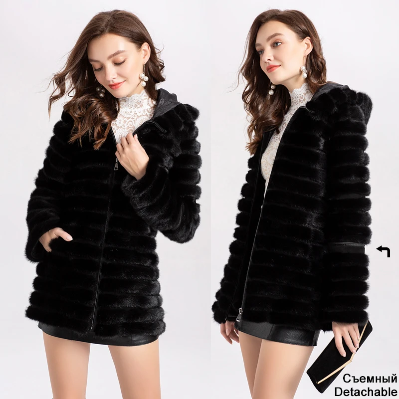Luxury Black Natural Mink Coats Women Winter Real Mink Fur Hooded Jacket Female Fashion Genuine Thermal Fur Coat Ladies New